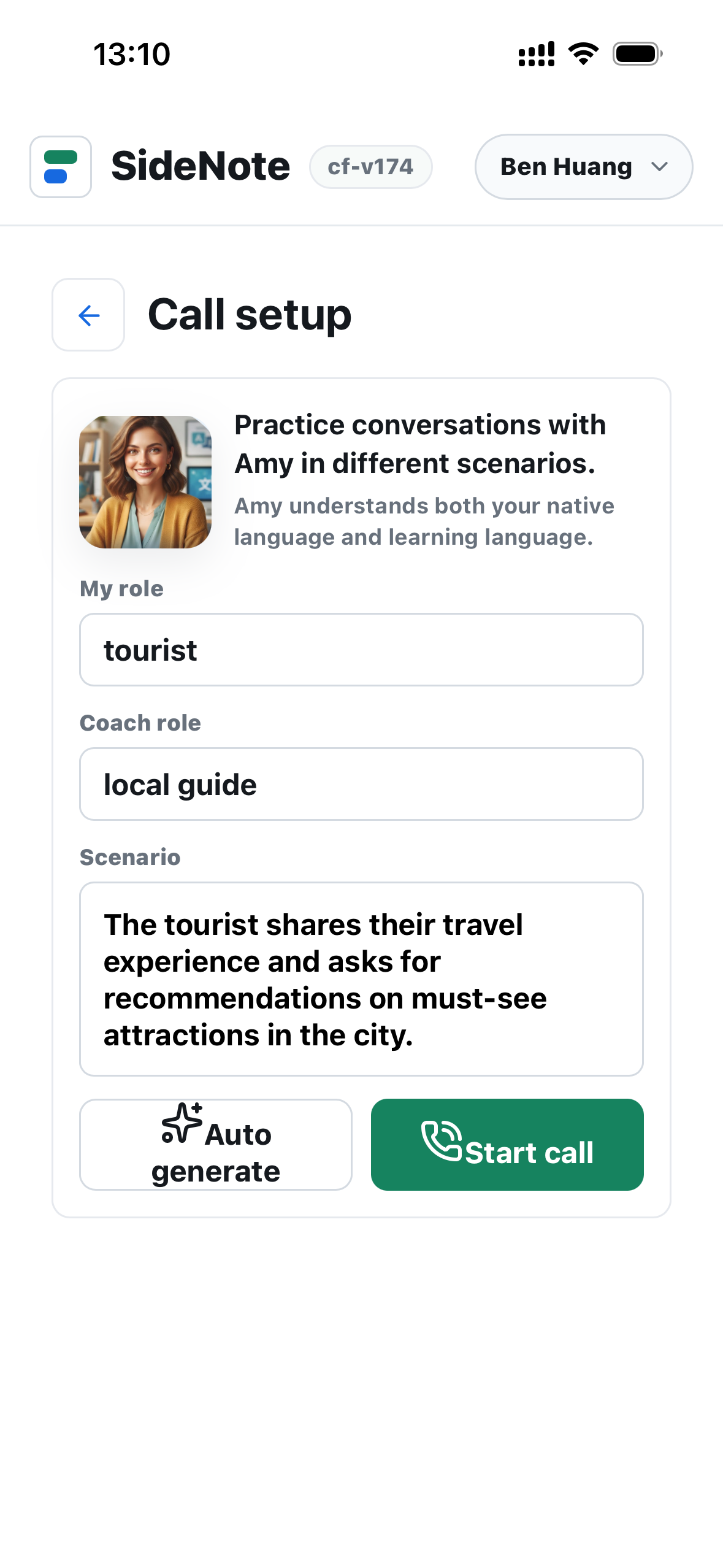 Amy scenario setup screen for AI speaking practice