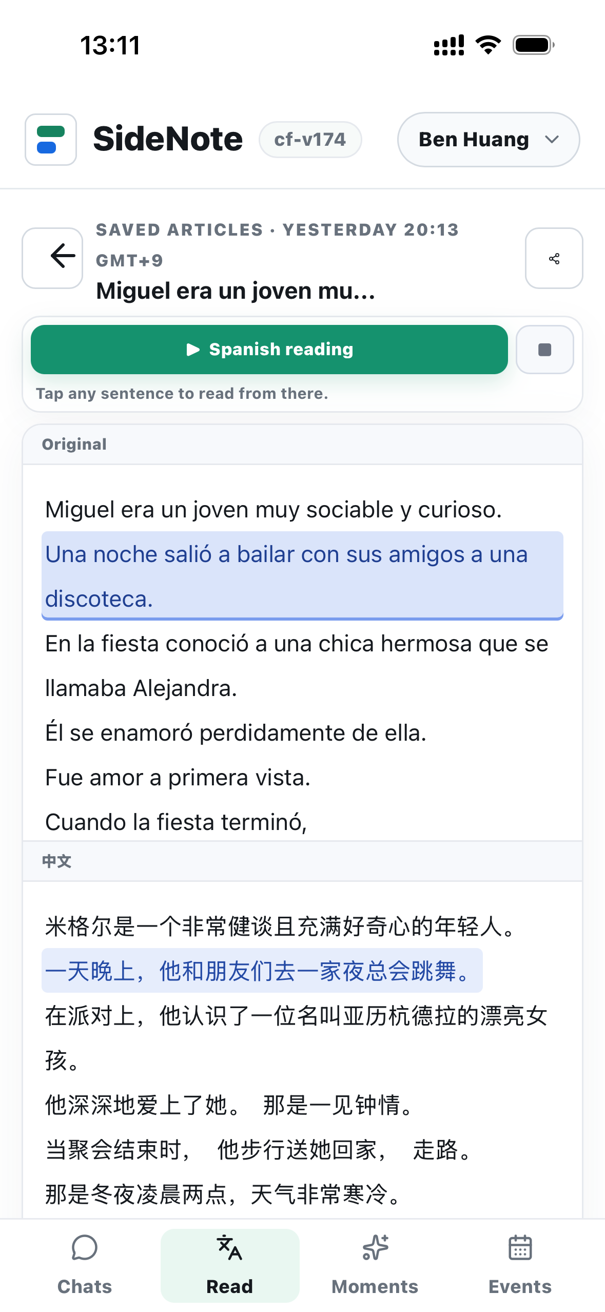 SideNote bilingual reading screen with original text, translation, and sentence audio